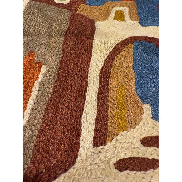 Handcrafted Chain Stitched Cotton Pillow Cover With Colorful Village Scene - Picture 3 of 6